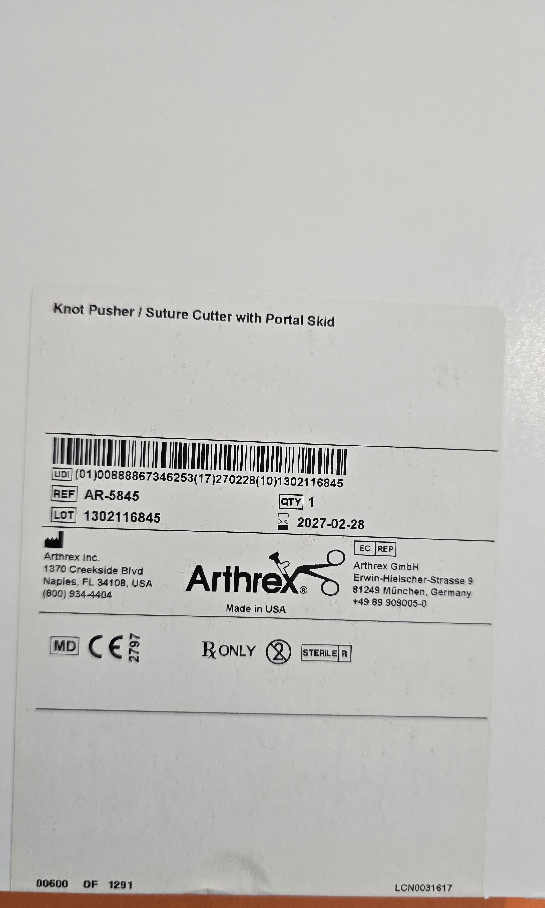 Arthrex Knot Pusher / Suture Cutter with Portal Skid REF: AR-5845 Dated: 2027