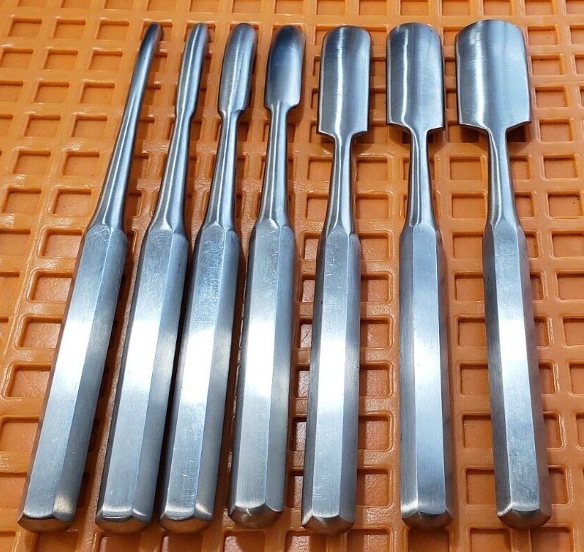 V. Mueller OS4360-011 Surgical Orthopedic Hibbs Gouges 9.5" Curved Set of 7