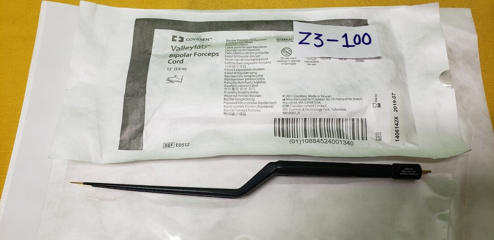 Stingray Surgical Bayonet Bipolar Forceps 9" .7mm Tip S03-068NS Valleylab Cord