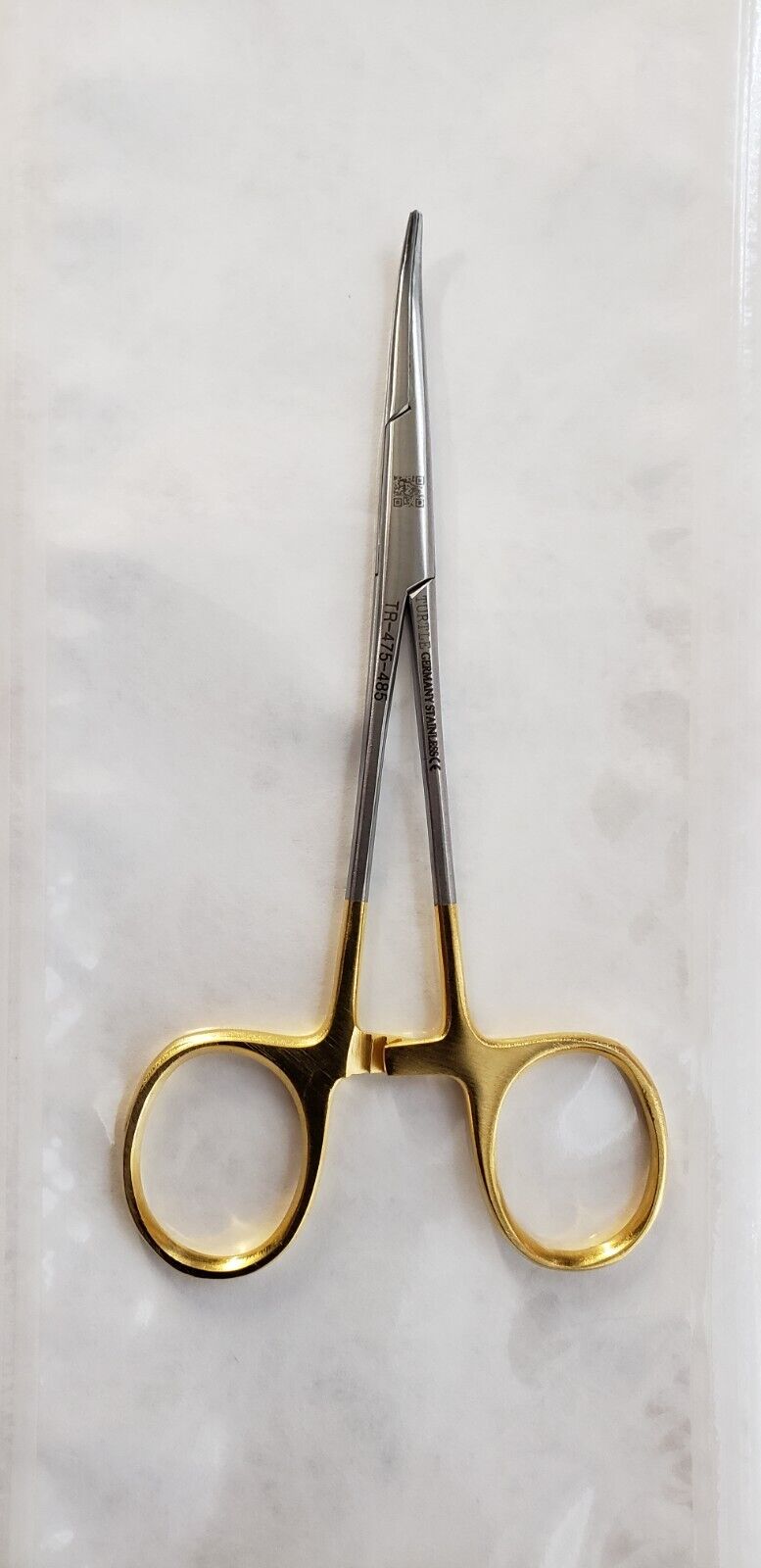 TR-475-485 Surgical Vasectomy Fine Jaw Mosquito Forceps 5" Curved W- Gold Rings.