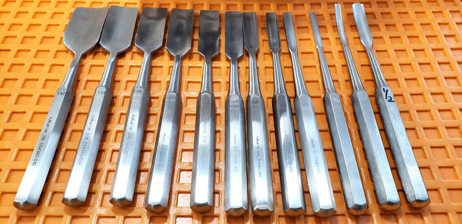 V. Mueller Surgical Orthopedic Hibbs Gouges 9.5" Straight Set of 12 W-Jarit Rack