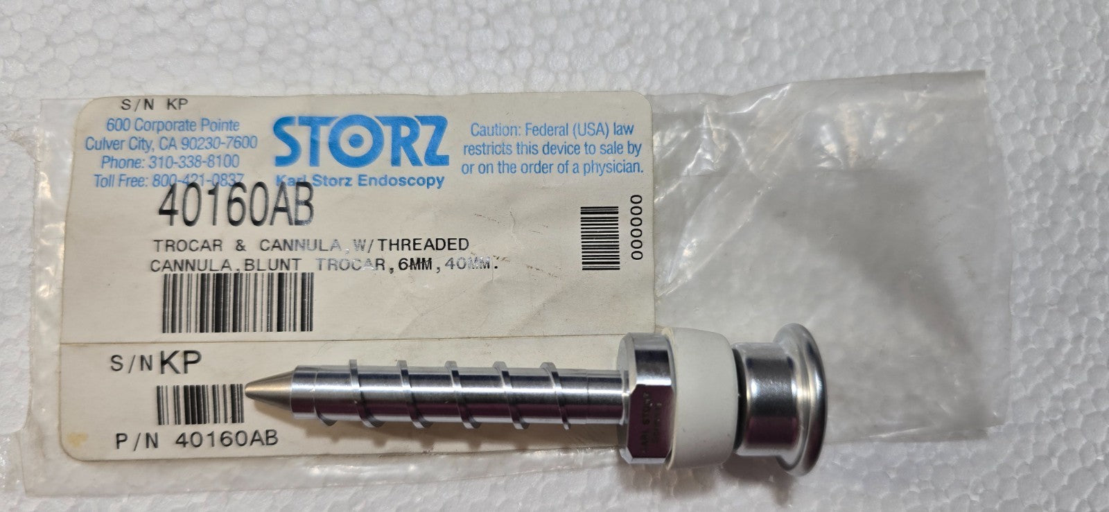 Karl Storz 40160 AB Threaded Cannula Blunt 6mm x 40mm with Obturator