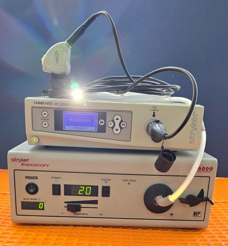 Stryker 1188 Camera Head, Controller, 6000 Light Source with Fiber Optic Cable
