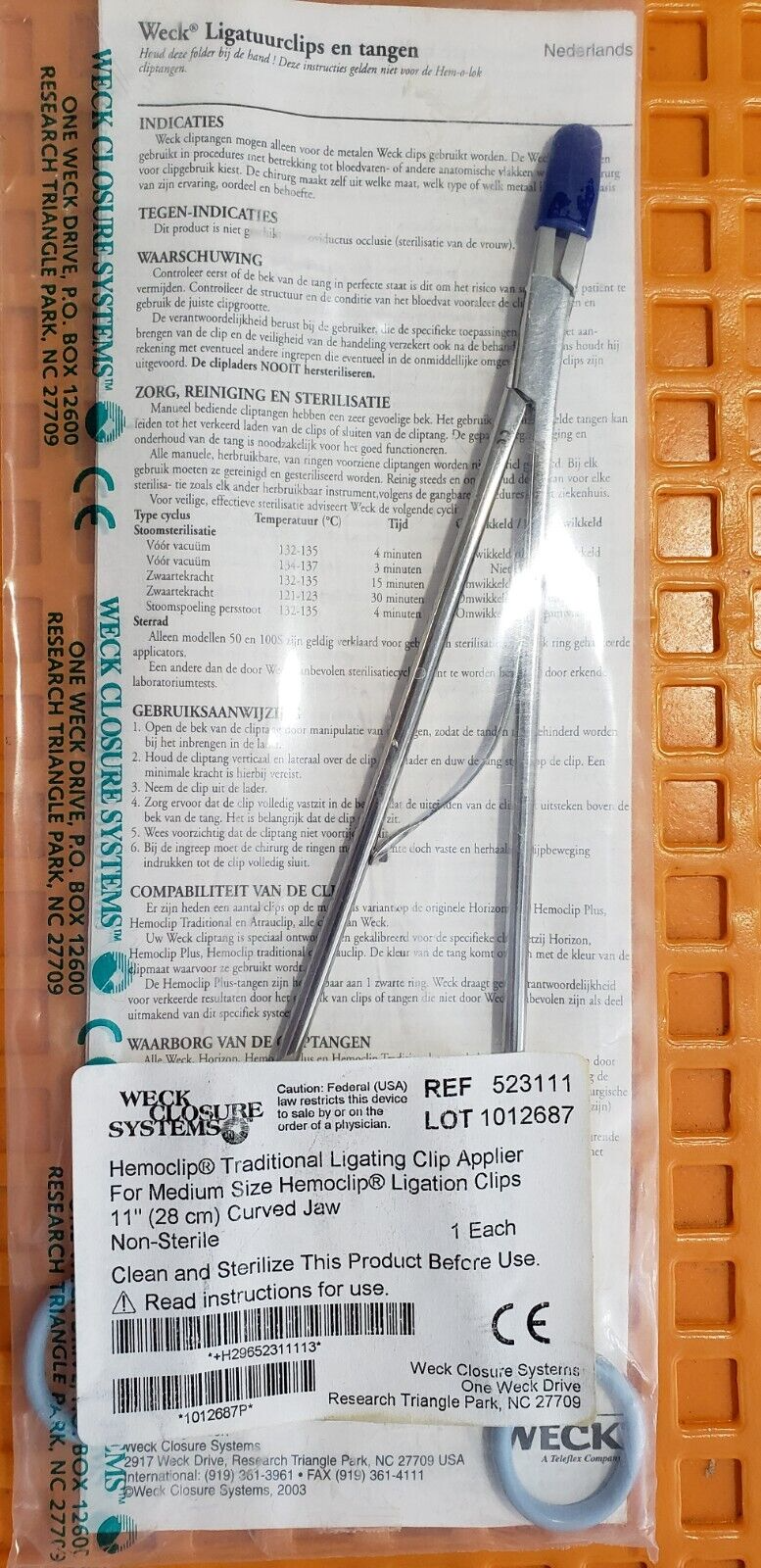 Weck 523111 Surgical Clip Applier 11" Medium Size Curved Jaws