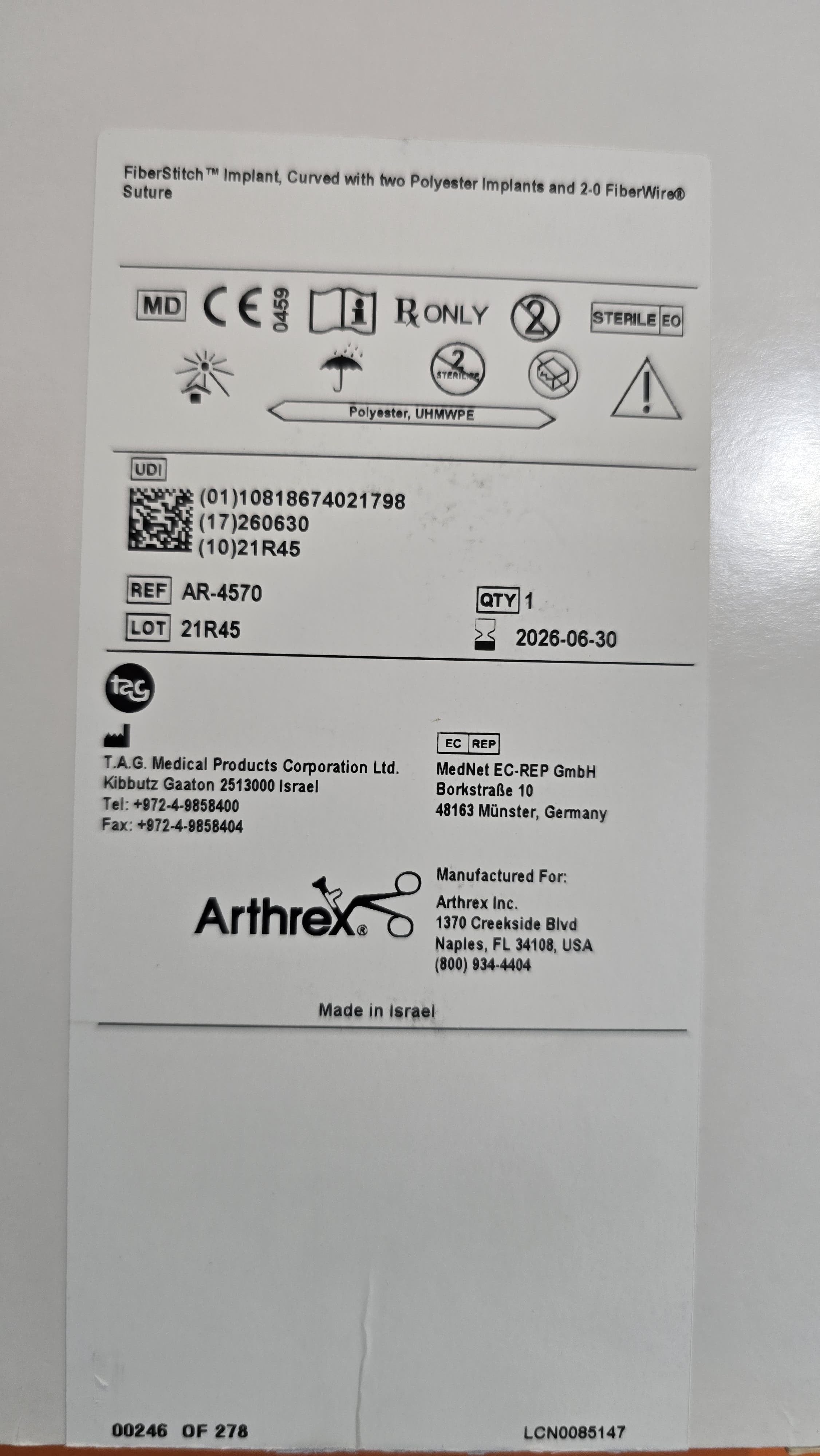 Arthrex FiberStitch Implant, Curved with two Polyester Implants and 2-0 FiberWire Suture REF: AR-4570