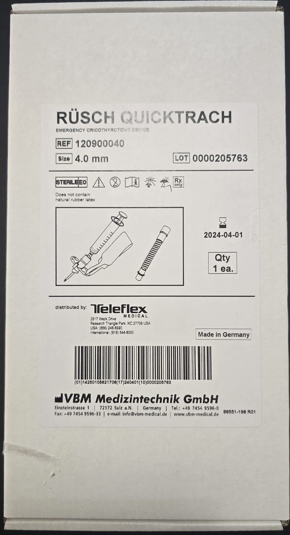 RUSCH QUICKTRACH Emergence Cricothyrotomy Device Size: 4mm REF: 12090040