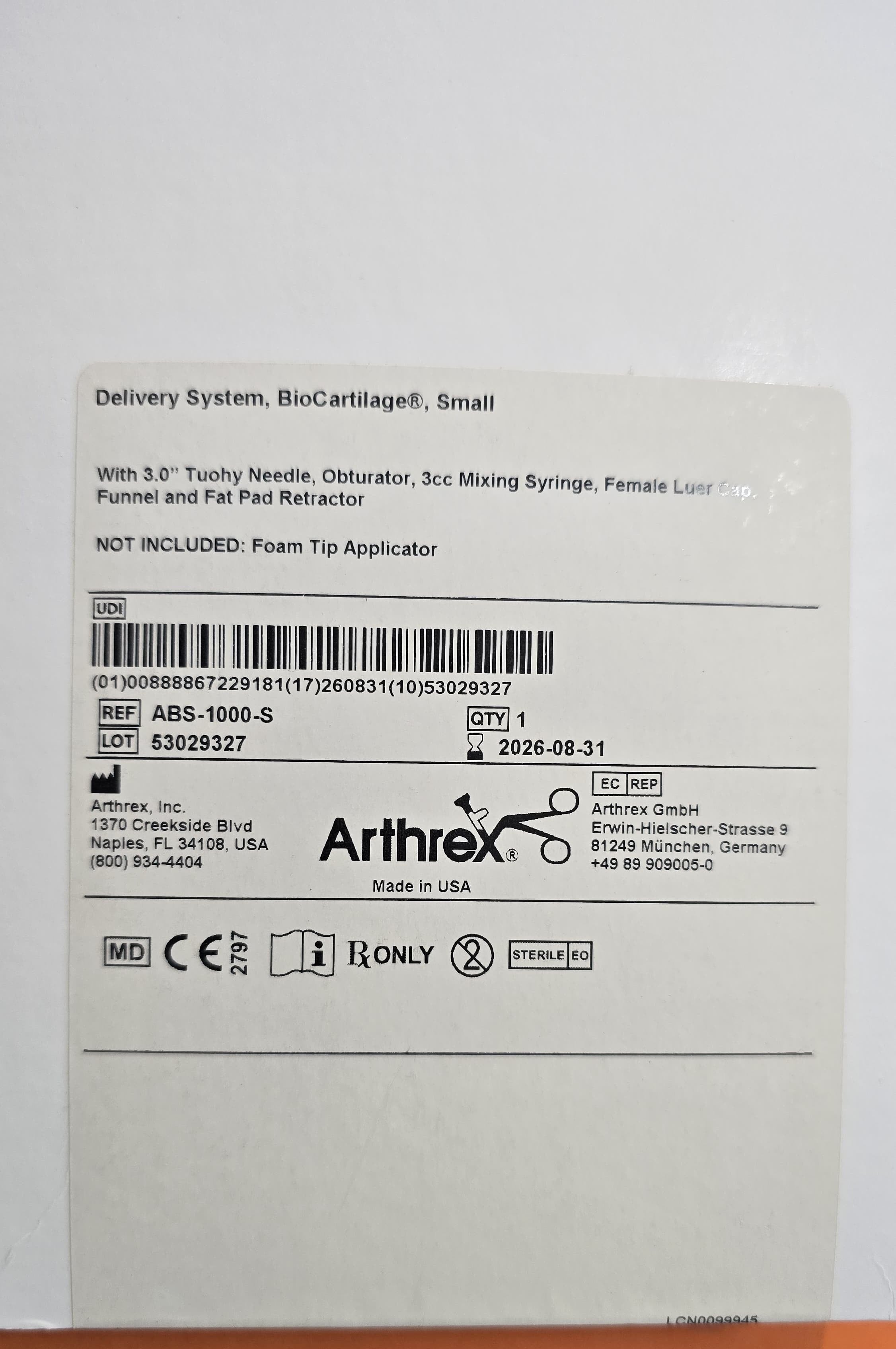 Arthrex Delivery System, Biocartilage, Small REF: ABS-1000-S