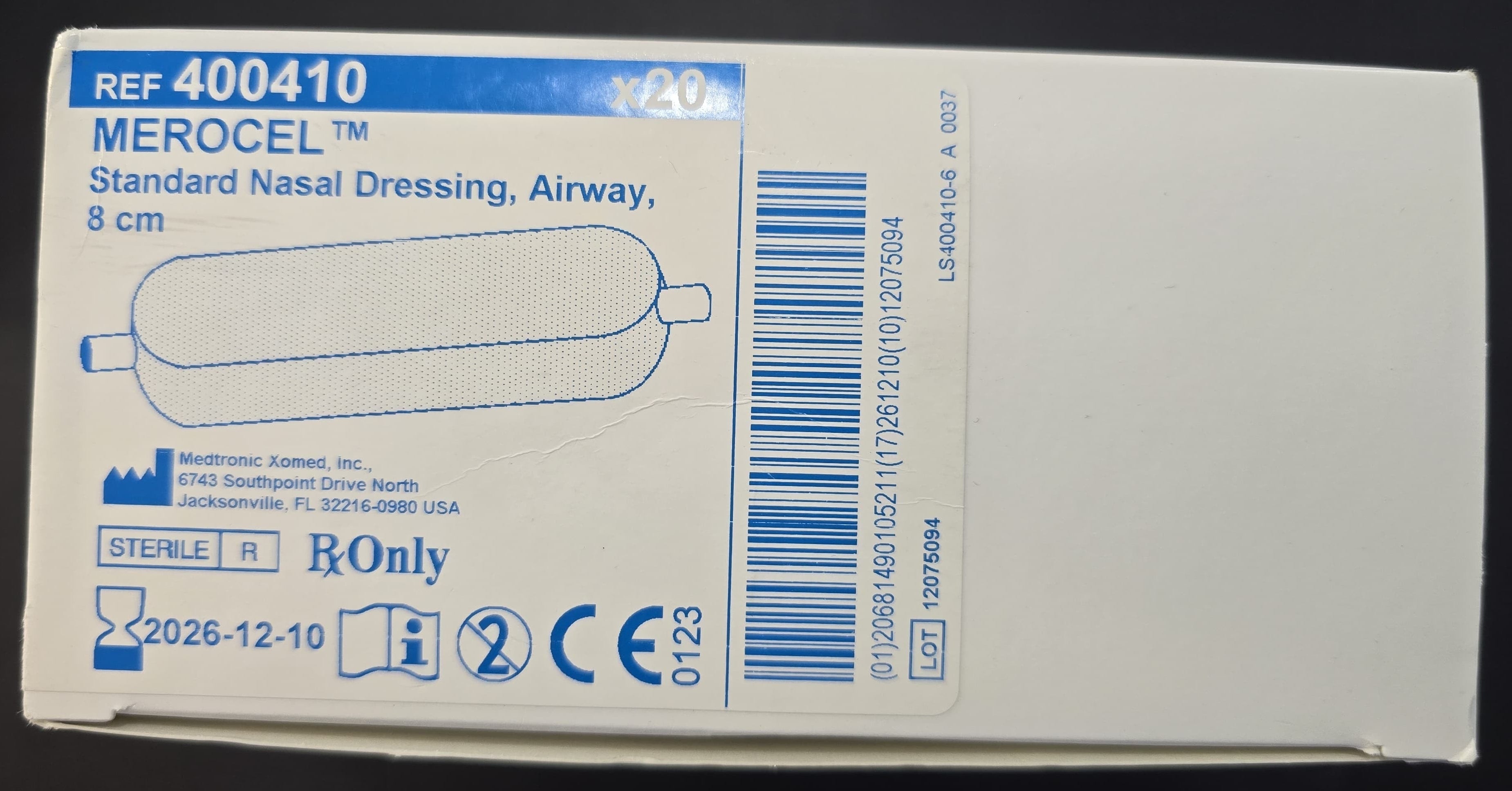 Medtronic MEROCEL Standard Nasal Dressing, Airway, 8cm- Box of 20 REF: 400410 Dated: 2026