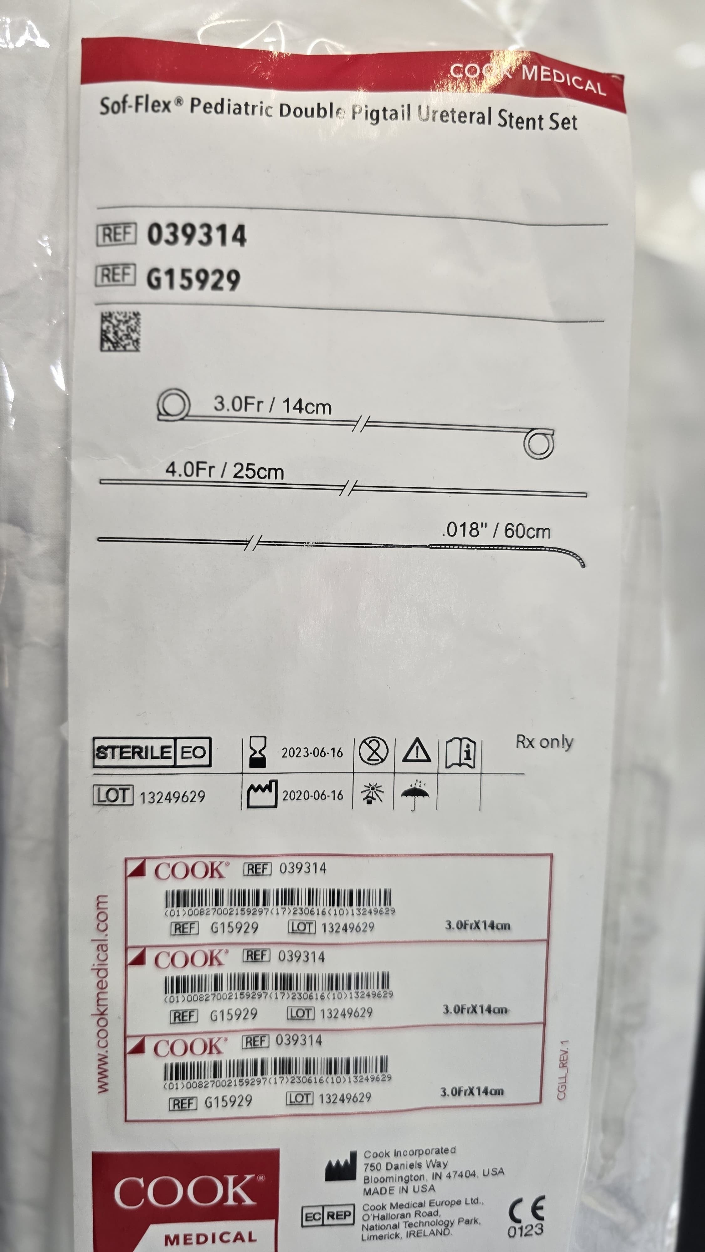 Cook Medical Sof-Flex Pediatric Double Pigtail Ureteral Stent Set 3F X 14cm REF: G15929