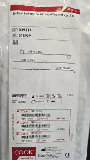 Cook Medical Sof-Flex Pediatric Double Pigtail Ureteral Stent Set 3F X 14cm REF: G15929