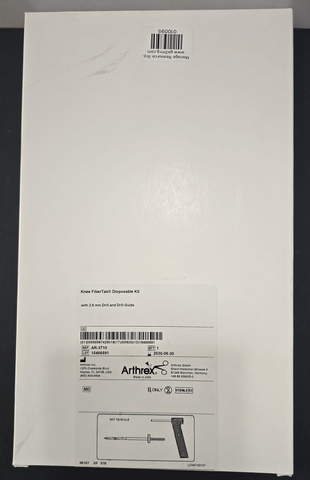 Arthrex Knee FiberTake Disposable Kit with 2.6 mm Drill and Drill Guide REF: AR-3710 Dated: 2030