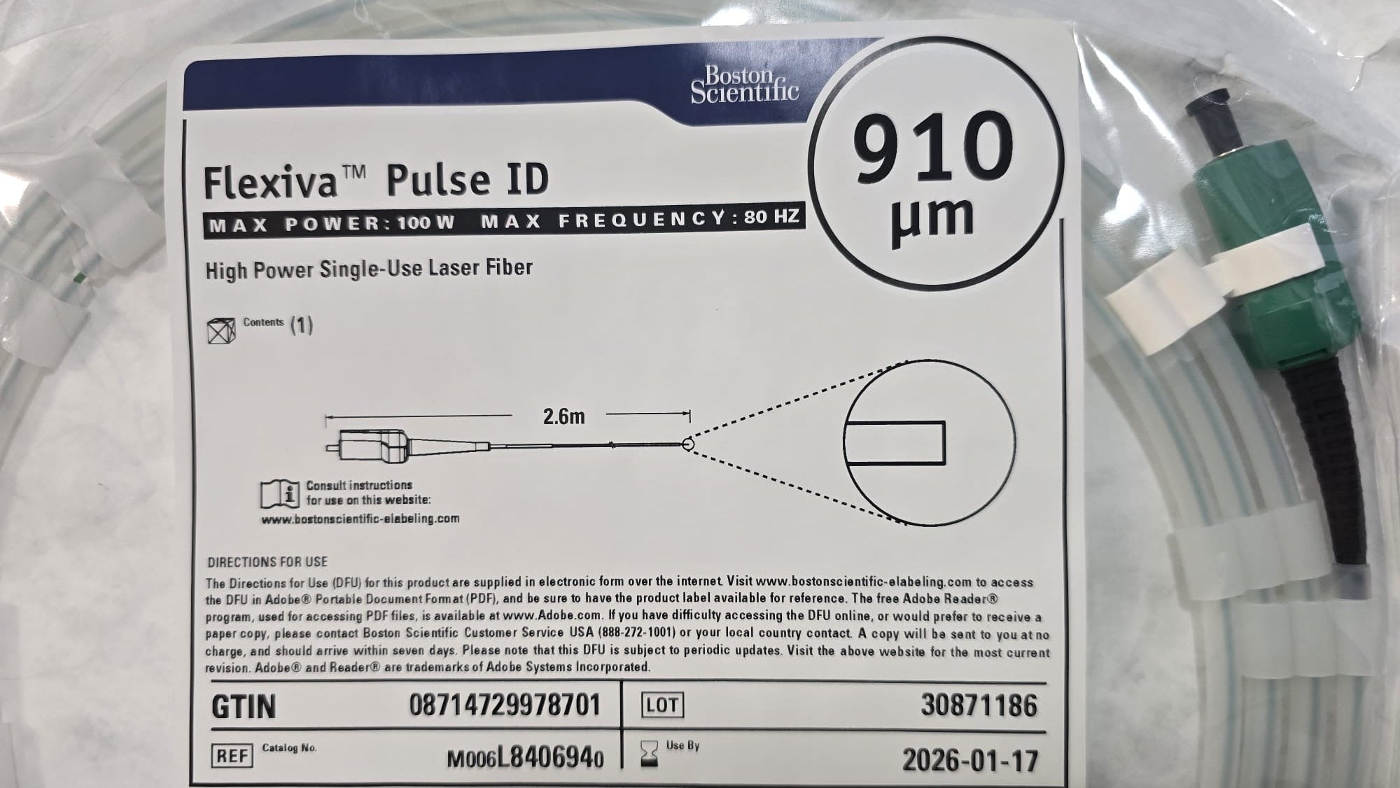 Boston Scientific Flexiva Pulse ID High Power Single-Use Laser Fiber REF: M006L8406940