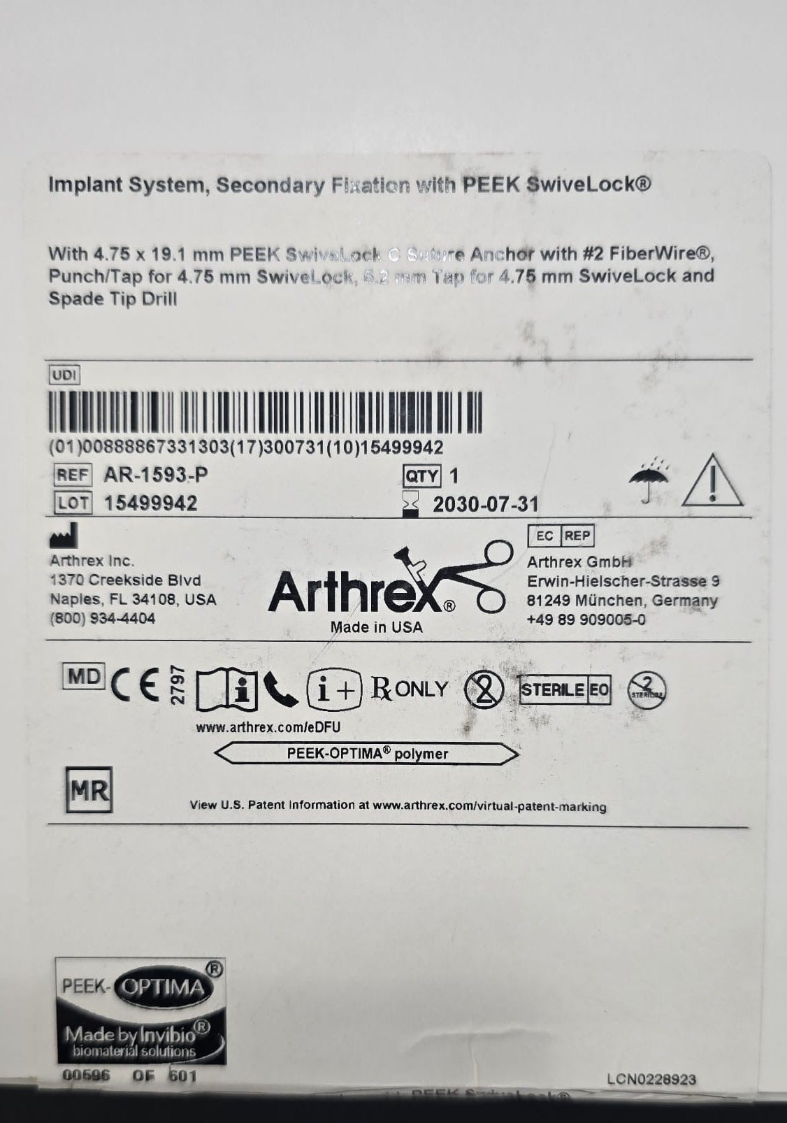 Arthrex Implant System, Secondary Fixation with PEEK SwiveLock REF: AR-1593-P Dated: 2030