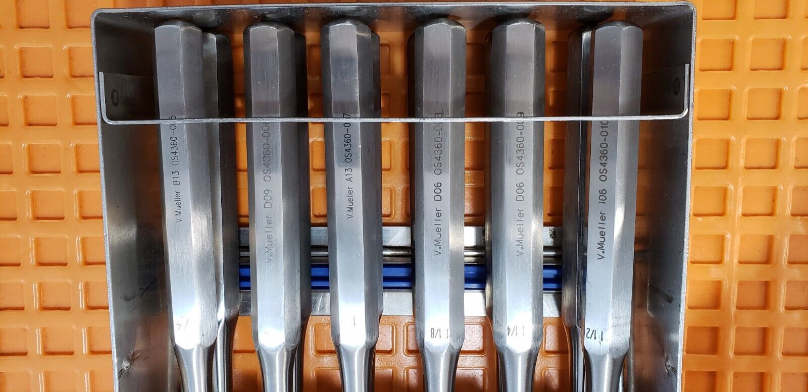 V. Mueller Surgical Orthopedic Hibbs Gouges 9.5" Straight Set of 12 W-Jarit Rack