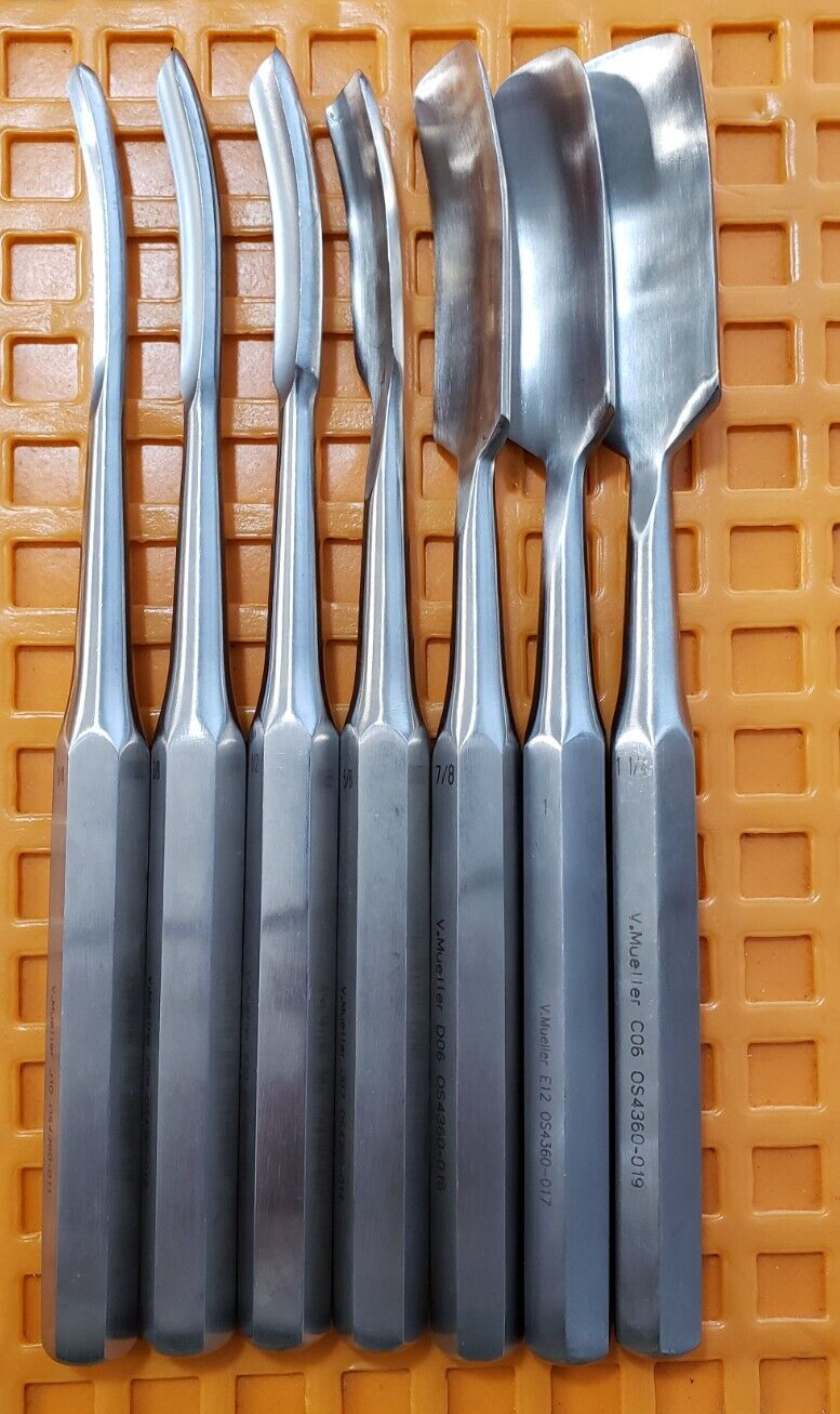 V. Mueller OS4360-011 Surgical Orthopedic Hibbs Gouges 9.5" Curved Set of 7