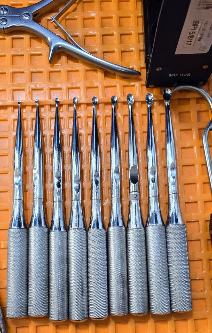 Aesculap Surgical Orthopedic Curette Set of 9 W- Kerrison Rongeurs & Case