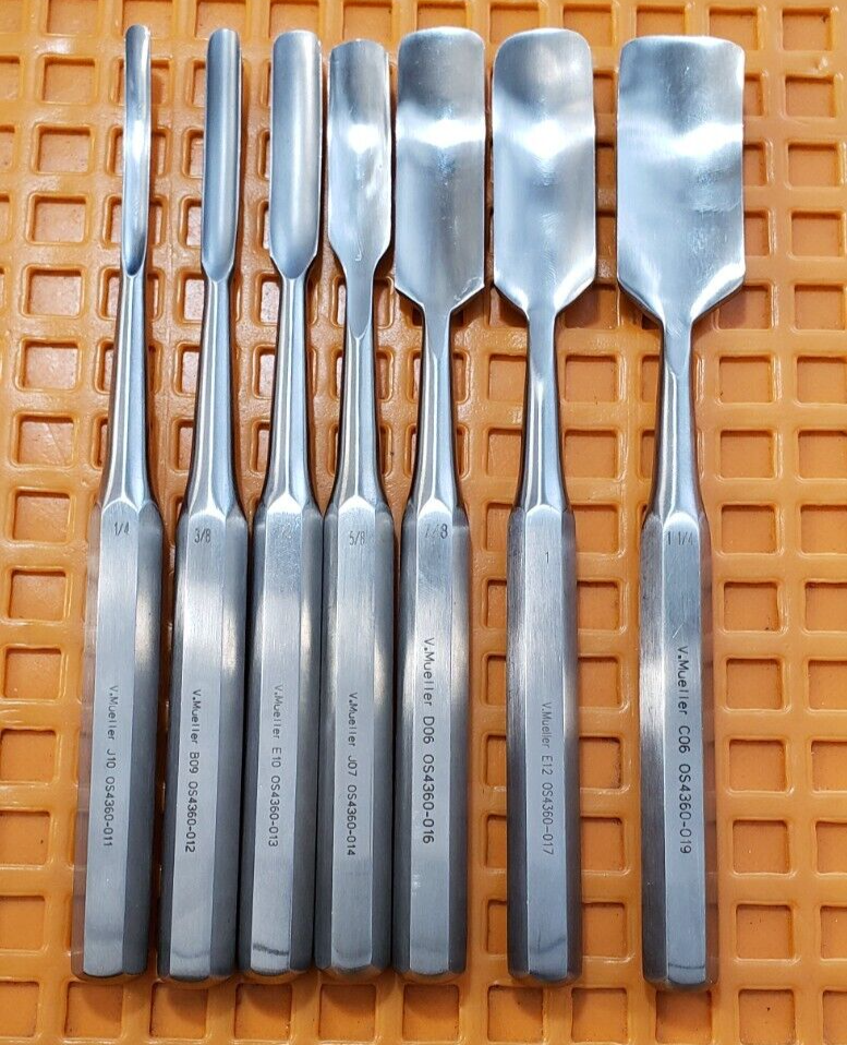 V. Mueller OS4360-011 Surgical Orthopedic Hibbs Gouges 9.5" Curved Set of 7