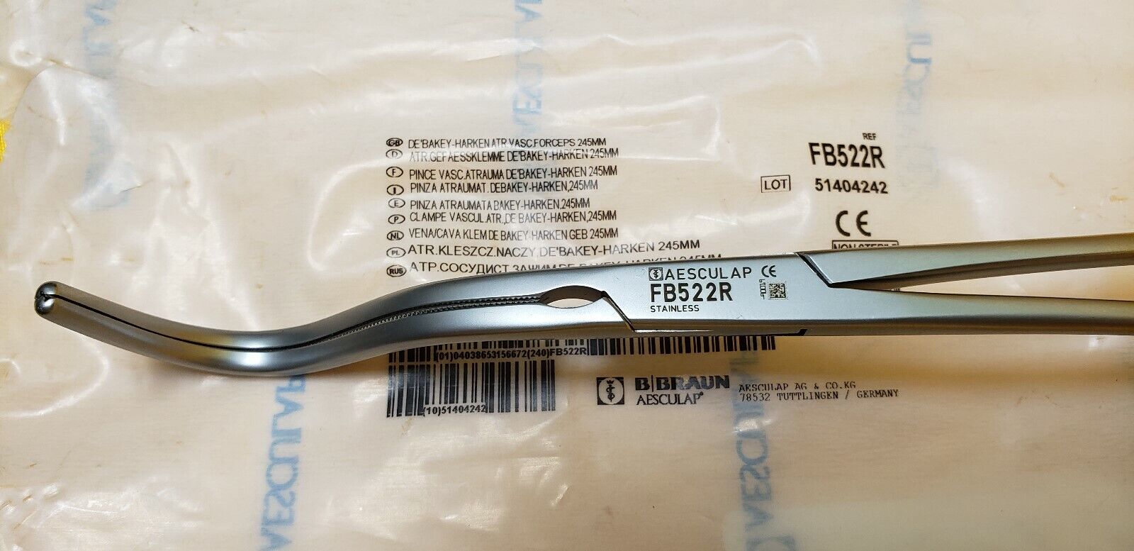 Aesculap Debakey-Harkin Atraumatic Vascular Forceps, Curved, 245mm REF: FB522R