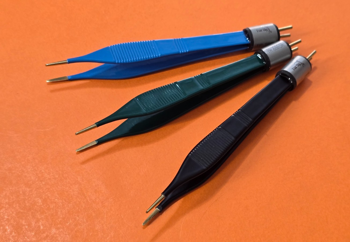 Set of 3 Adson Bipolar Forceps 5" Blue,Black,Green 1mm Gold Tips & Bipolar Cable