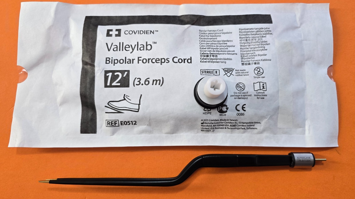Bayonet Bipolar Forceps 8.75" Gold Tip Black Coated & Valleylab Bipolar Cord