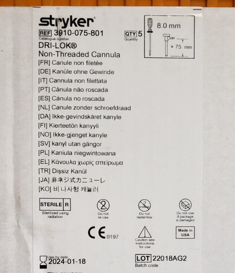 Stryker Laparoscopy Non-Threaded Cannula 8.0mm x 75mm Box of 5-Units