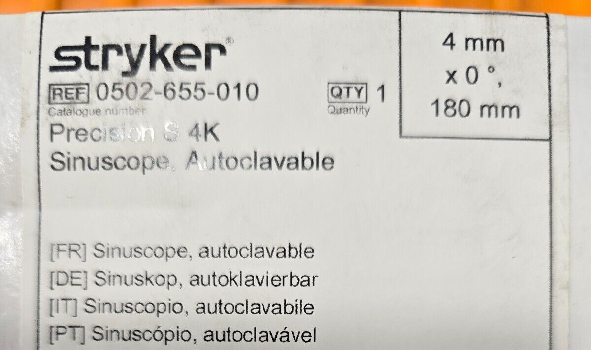 Stryker 0502-655-010 Precision S 4K 4.0mm x 0°x 180mm Autoclavable W-Fiber Cable