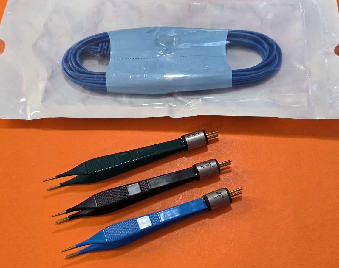 Set of 3 Adson Bipolar Forceps 5" Blue,Black,Green 1mm Gold Tips & Bipolar Cable