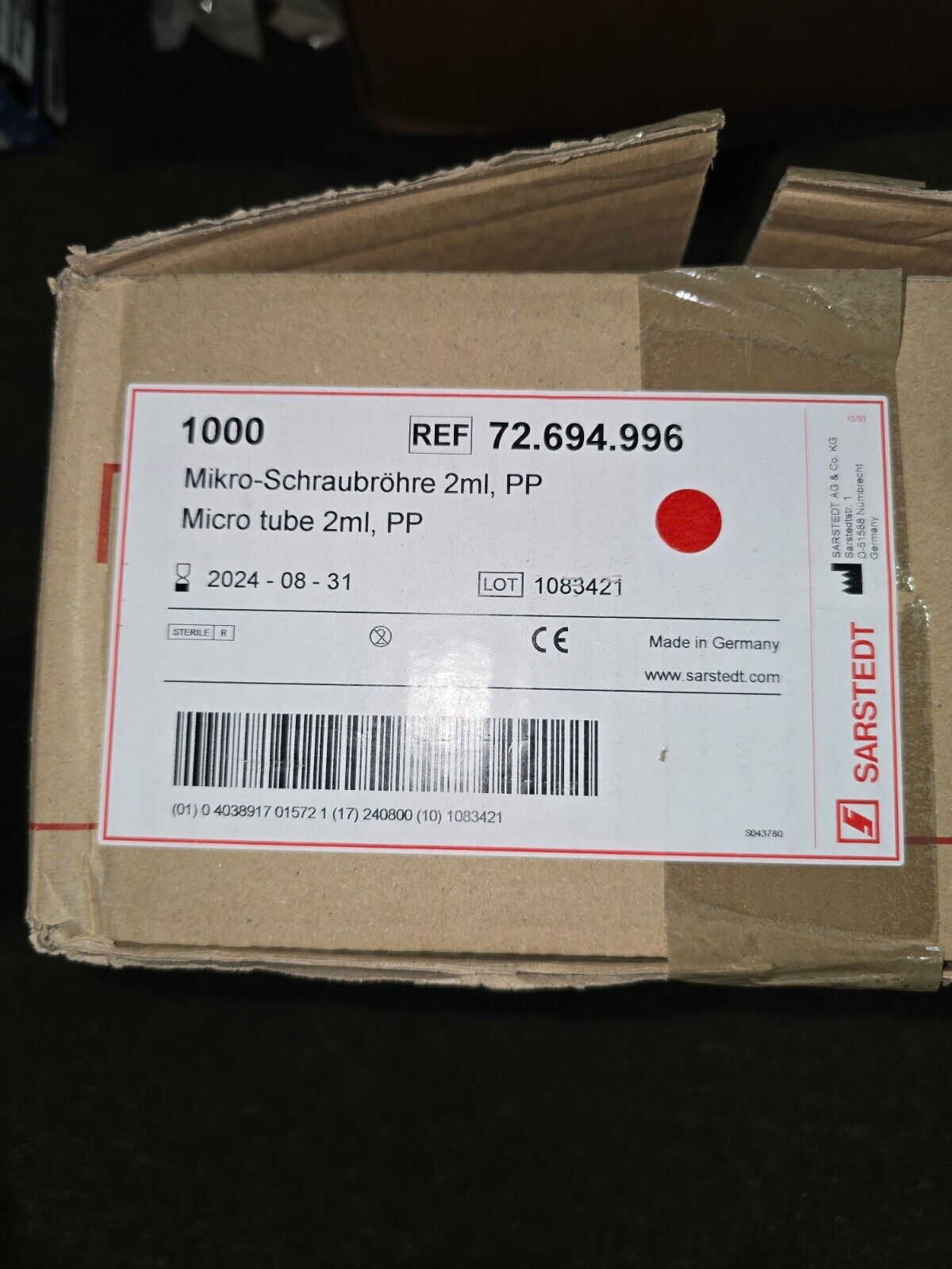 Box of 1000, SARSTEDT AG Micro Tube 2ml, PP  Ref: 72.694.996 (Made in Germany)