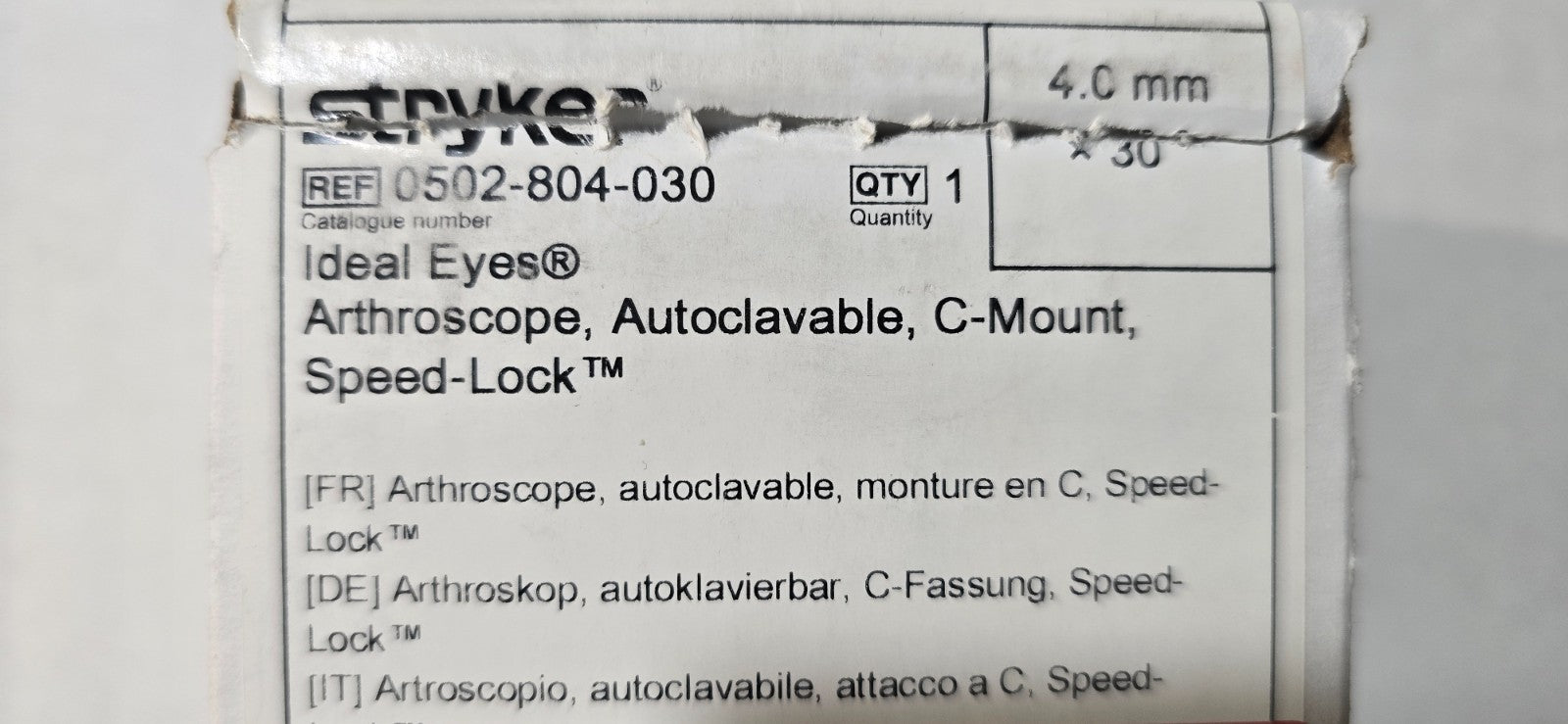 Stryker Arthroscope 4.0mm x 30° Speed Lock C-Mount  & Fiber Optic Cable
