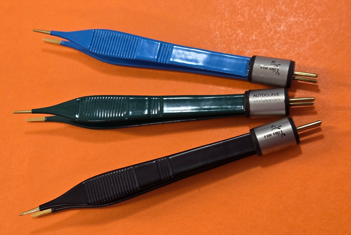 Set of 3 Adson Bipolar Forceps 5" Blue,Black,Green 1mm Gold Tips & Bipolar Cable