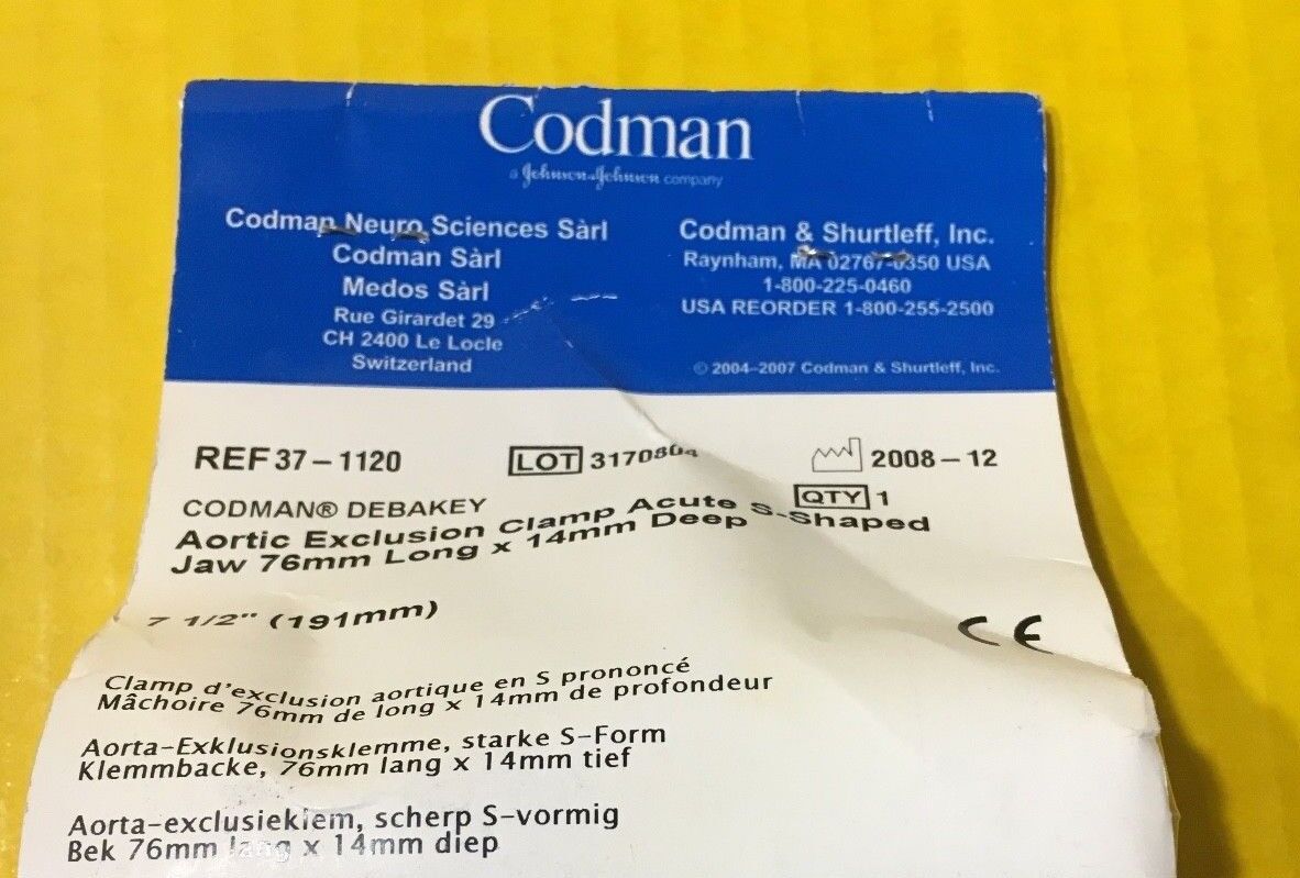 Codman Aortic Exclusion Clamp, Acute S-Shaped Jaw, 7.5" REF: 37-1120