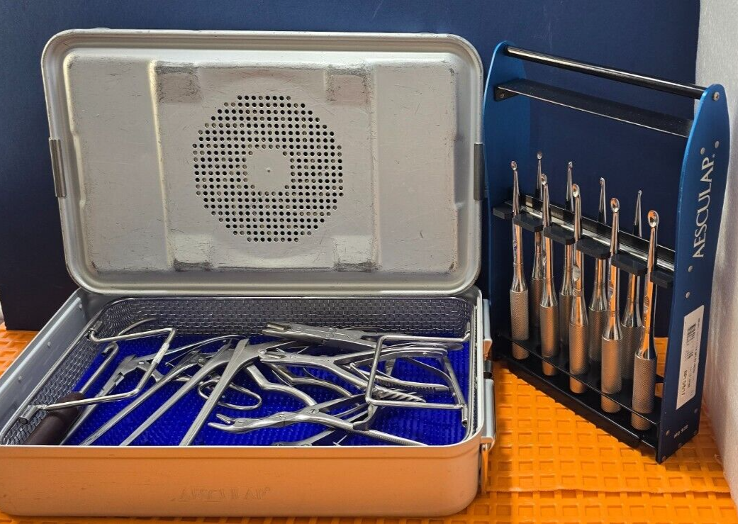 Aesculap Surgical Orthopedic Curette Set of 9 W- Kerrison Rongeurs & Case
