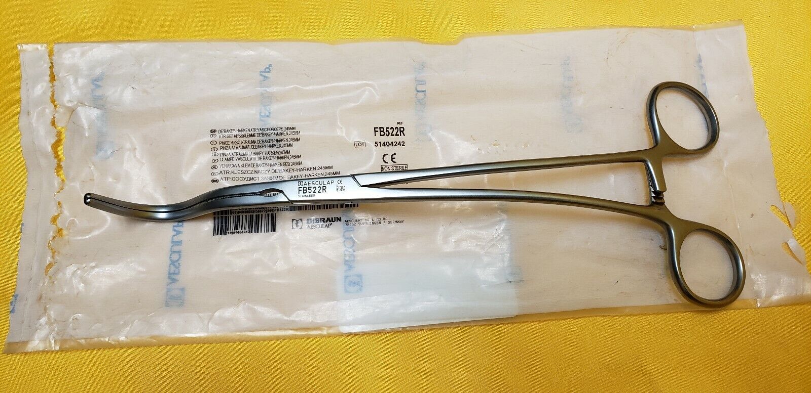 Aesculap Debakey-Harkin Atraumatic Vascular Forceps, Curved, 245mm REF: FB522R