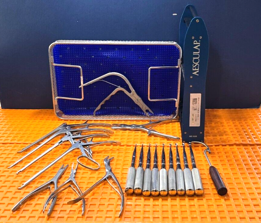 Aesculap Surgical Orthopedic Curette Set of 9 W- Kerrison Rongeurs & Case