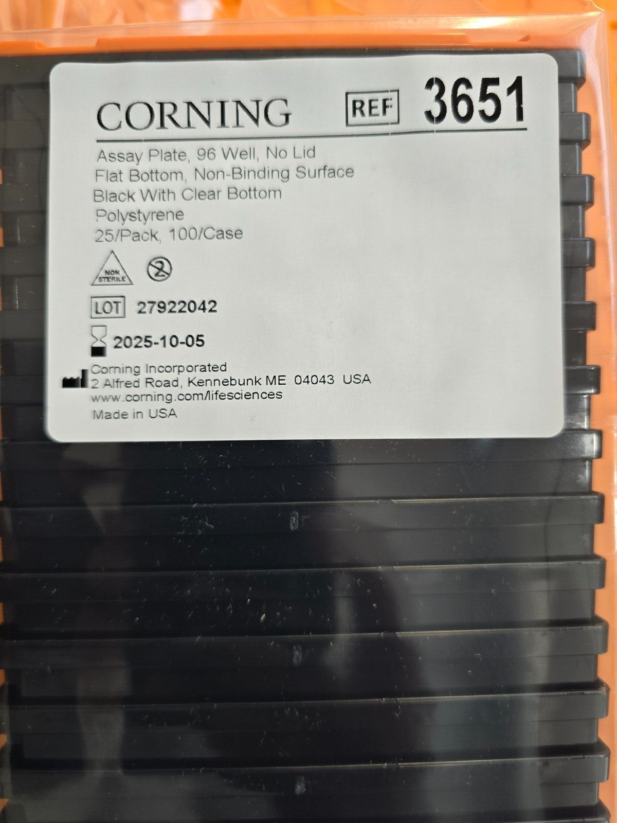 Box of 25, CORNING Assay Plate 96 Well No Lid Flat Bottom  Ref:3651
