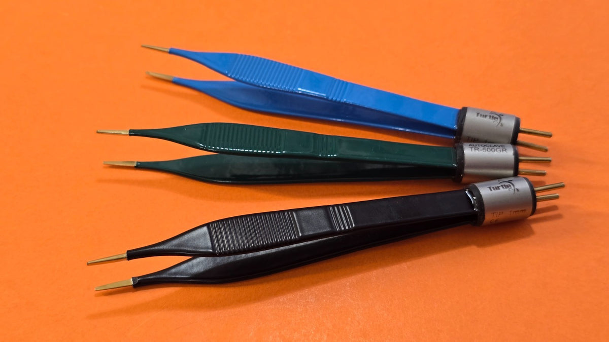 Set of 3 Adson Bipolar Forceps 5" Blue,Black,Green 1mm Gold Tips & Bipolar Cable