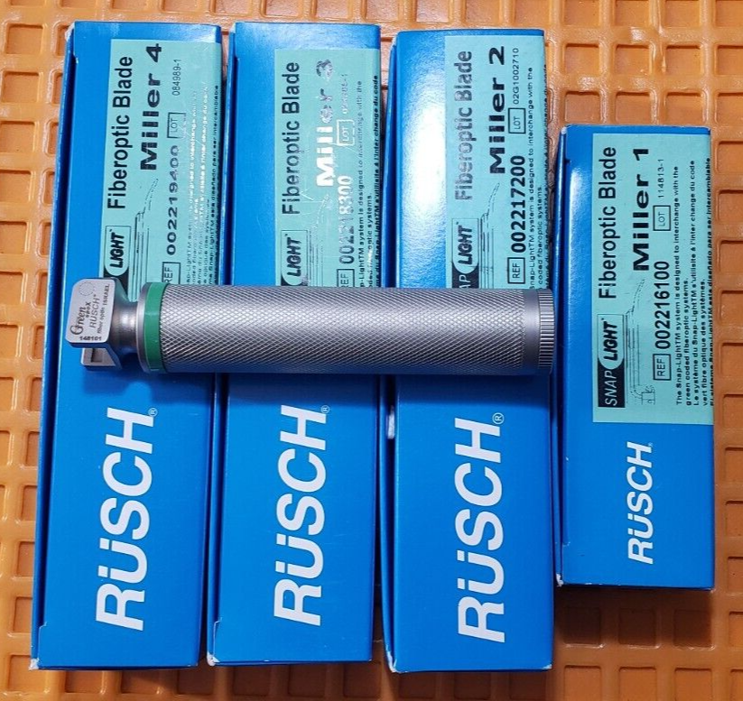 Rusch Fiberoptic Blade Laryngoscope Miller #1,2,3,4 Set with Medium Handle