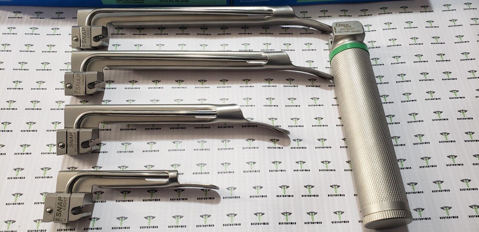 Rusch Fiberoptic Blade Laryngoscope Miller #1,2,3,4 Set with Medium Handle