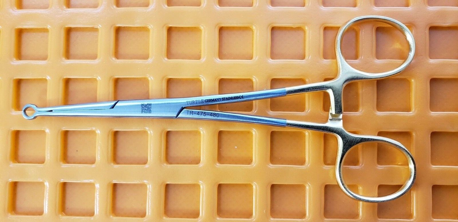 TR-475-480 Surgical Vasectomy Ring Forceps 5.5" W- Gold Rings.