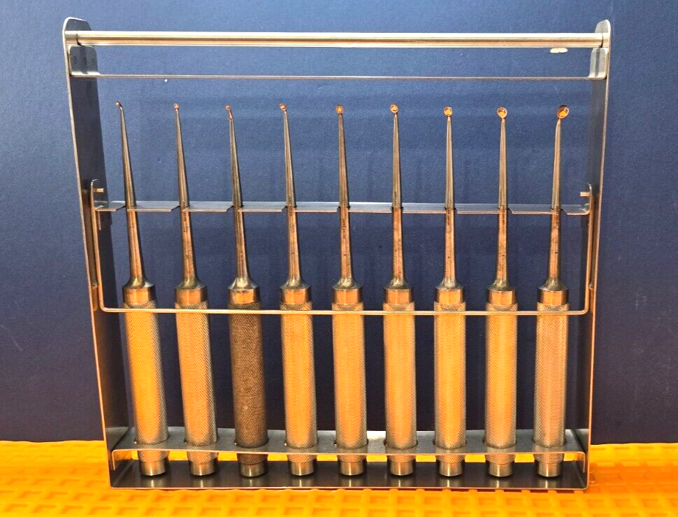 JARIT 240-085 Orthopedic Cobb Curettes Oval Cup Angled Tip Set of 9 With Rack