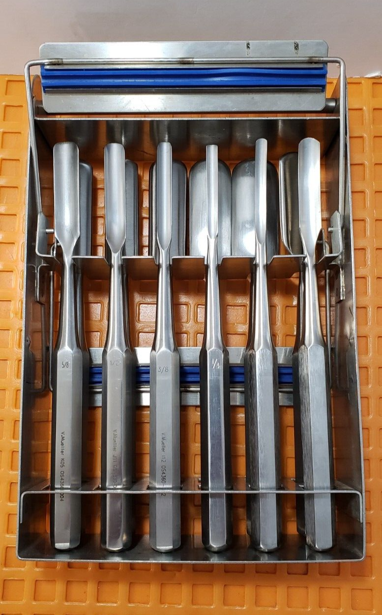 V. Mueller Surgical Orthopedic Hibbs Gouges 9.5" Straight Set of 12 W-Jarit Rack