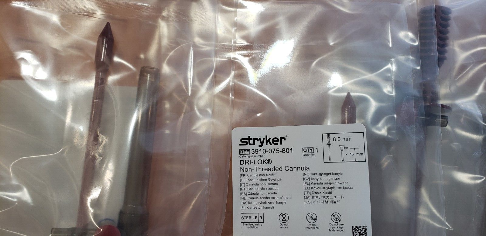 Stryker Laparoscopy Non-Threaded Cannula 8.0mm x 75mm Box of 5-Units