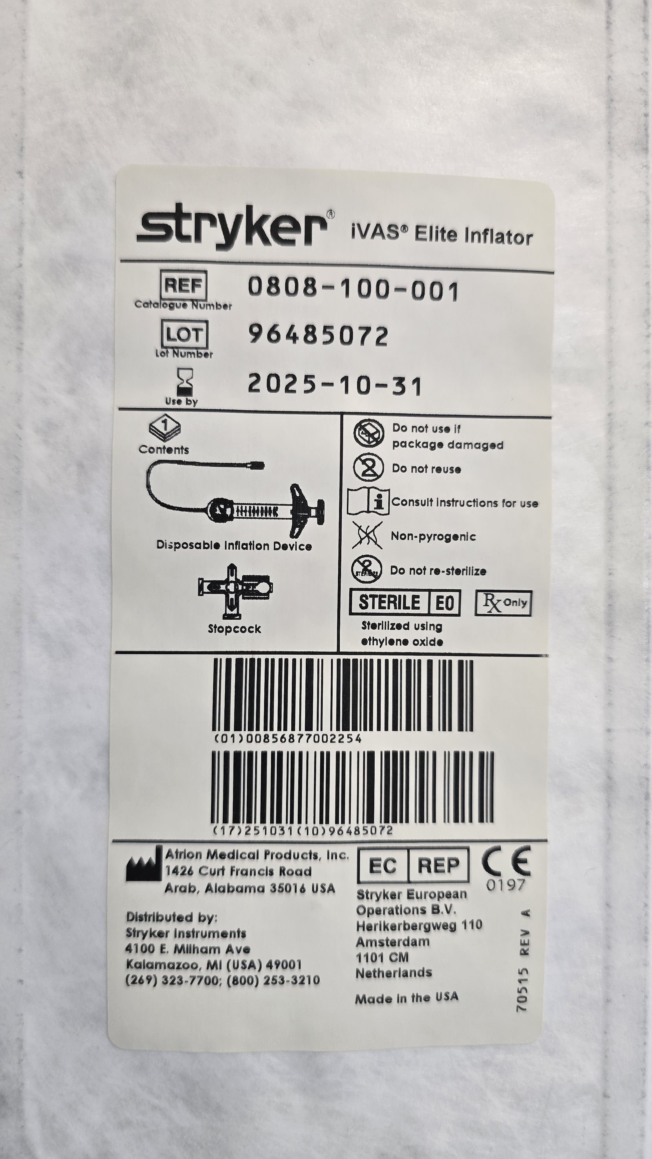 Stryker IVAS Elite Disposable Inflator with Stopcock REF: 0808-100-001