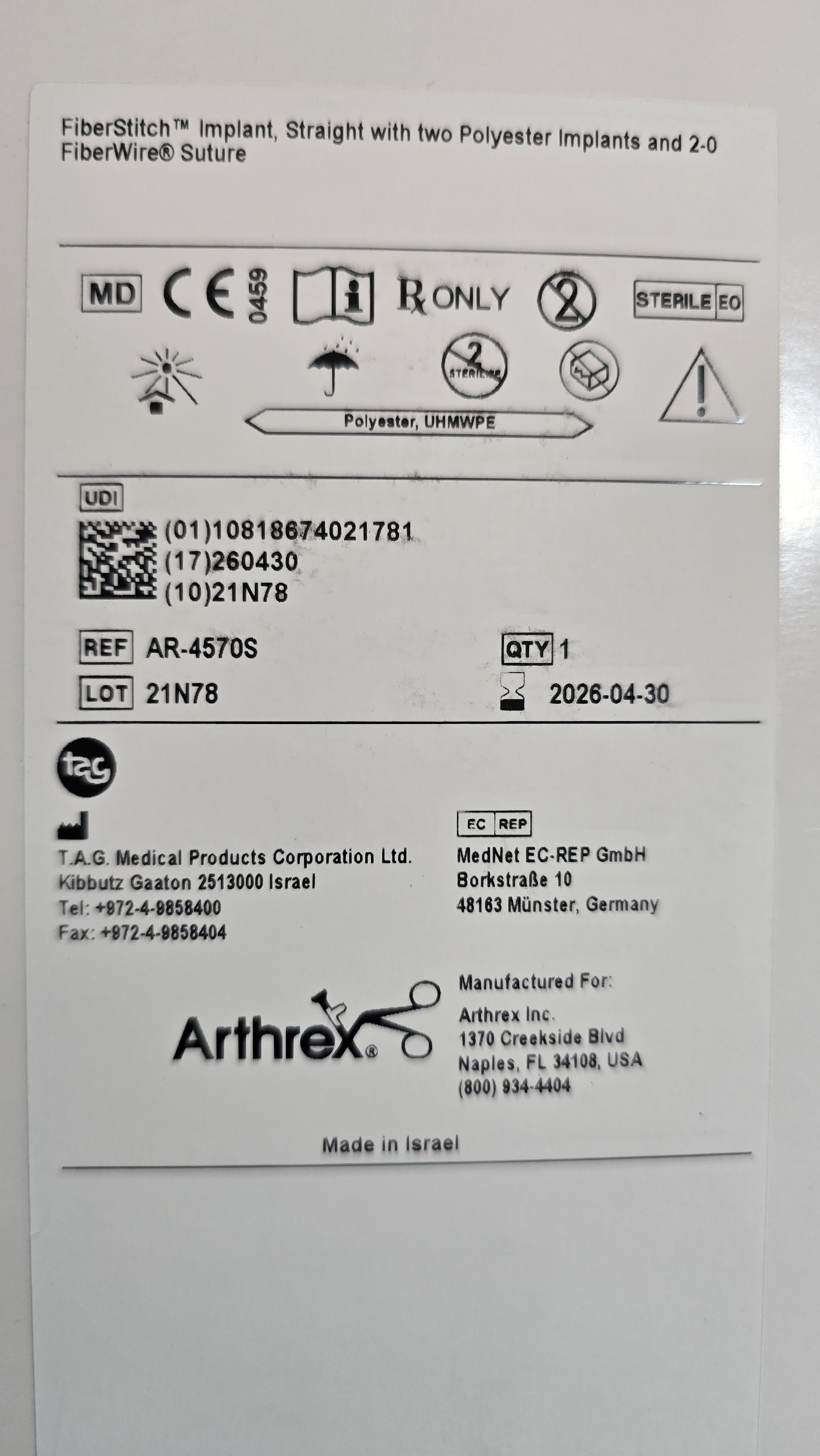 Arthrex FiberStitch Implant Straight with two Polyester Implants and 2-0 FiberWire Suture REF: AR-4570S