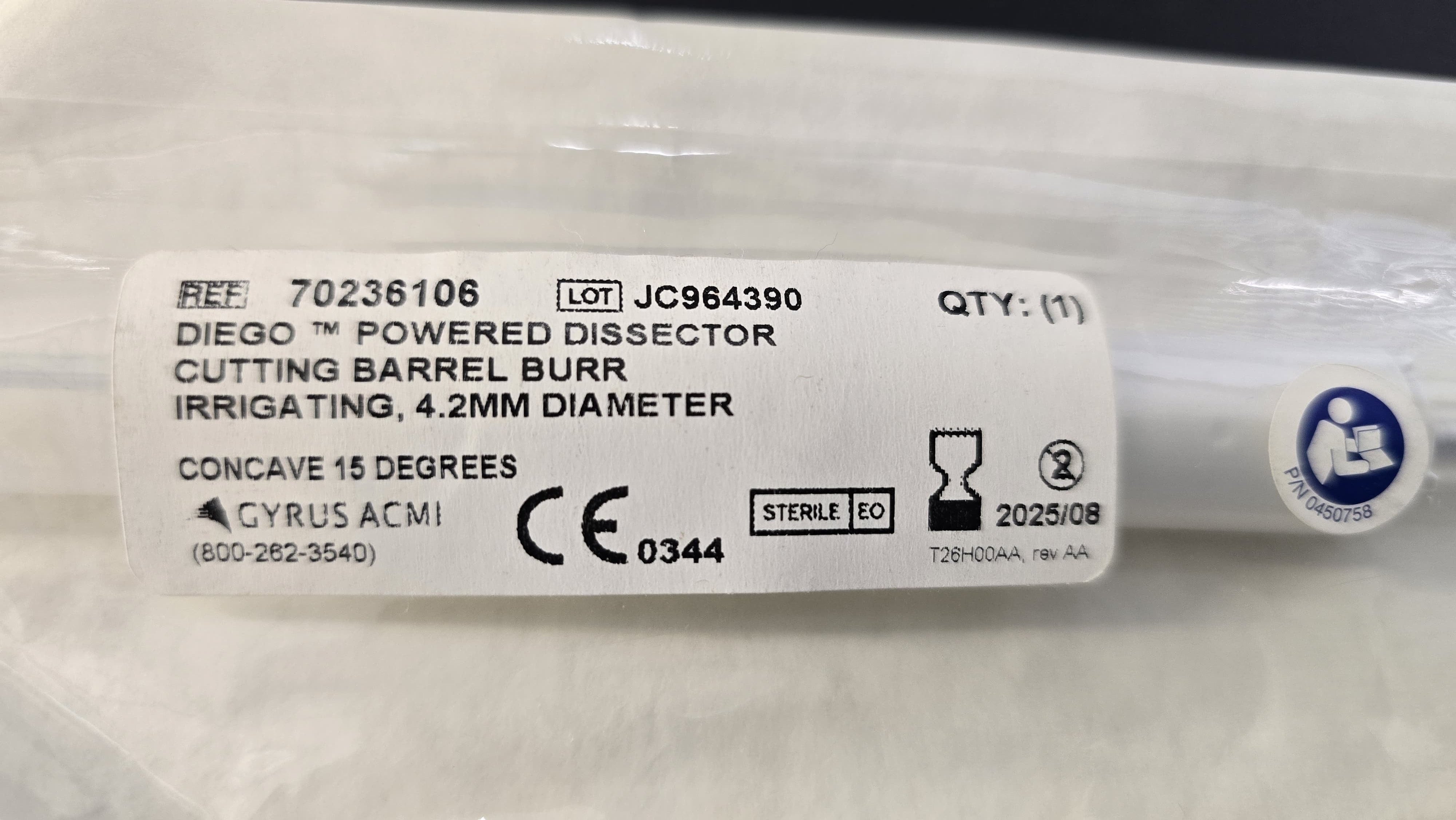 GYRUS ACMI Diego Powered Dissector Cutting Barrel Burr Irrigating, 4.2mm Diameter REF: 70236106