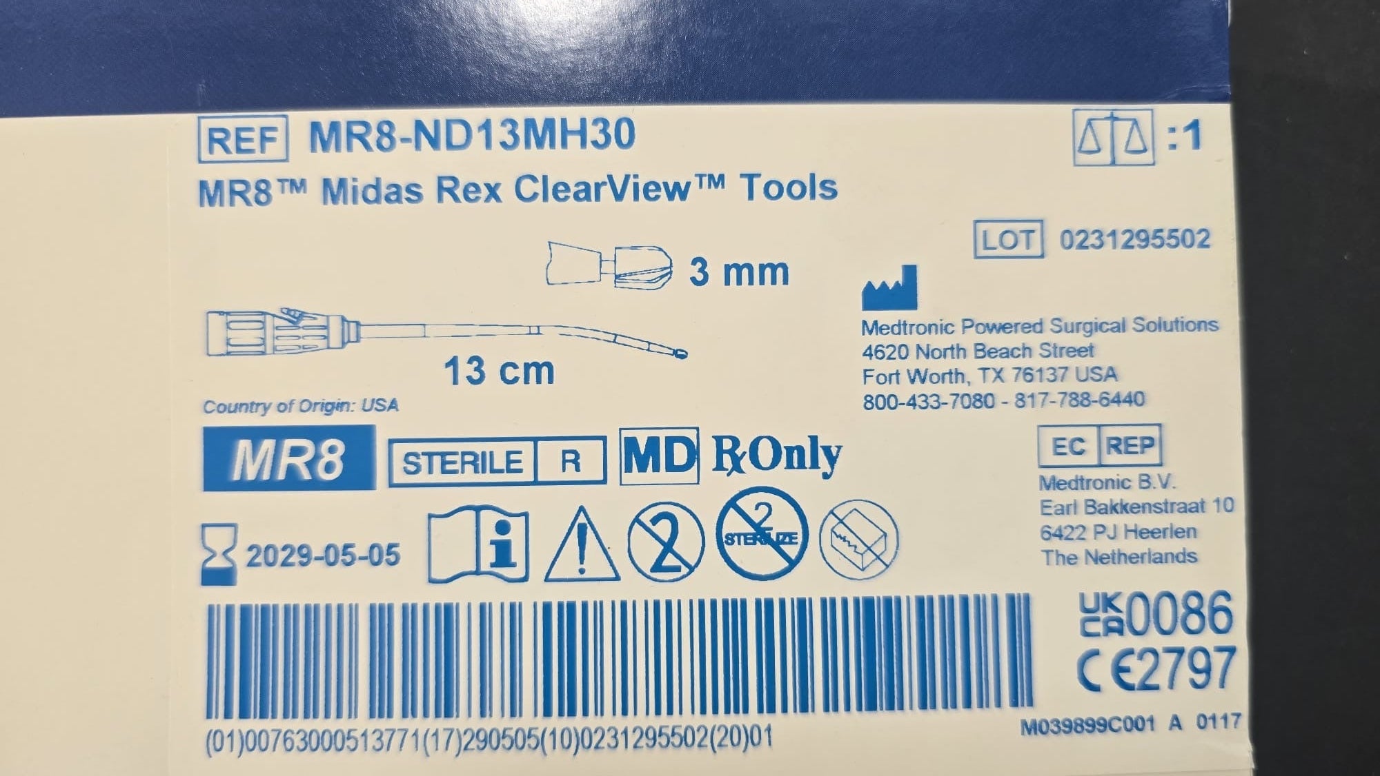 Medtronic MR8 Midas Rex ClearView Tools REF: MR8-ND13MH30 Dated: 2029