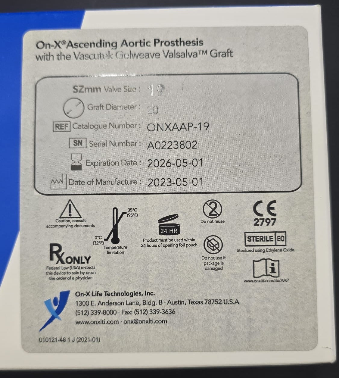 On-X Life Ascending Aortic Prosthesis with the Vascutek Gelweave Valsalva Graft REF: ONXAAP-19