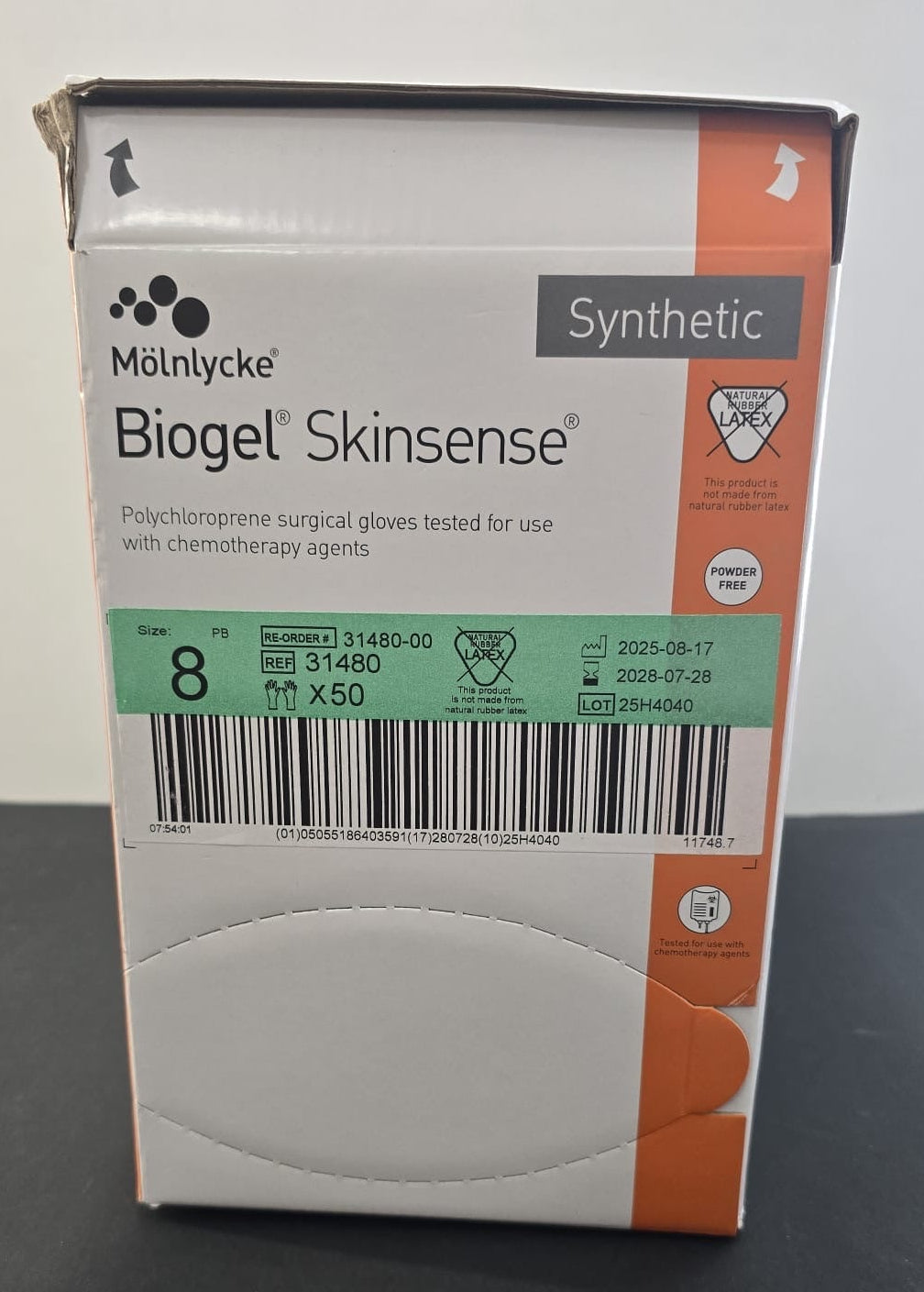 Molnlycke Polychloroprene Surgical Gloves Size: 8 REF: 31480 Dated: 2028
