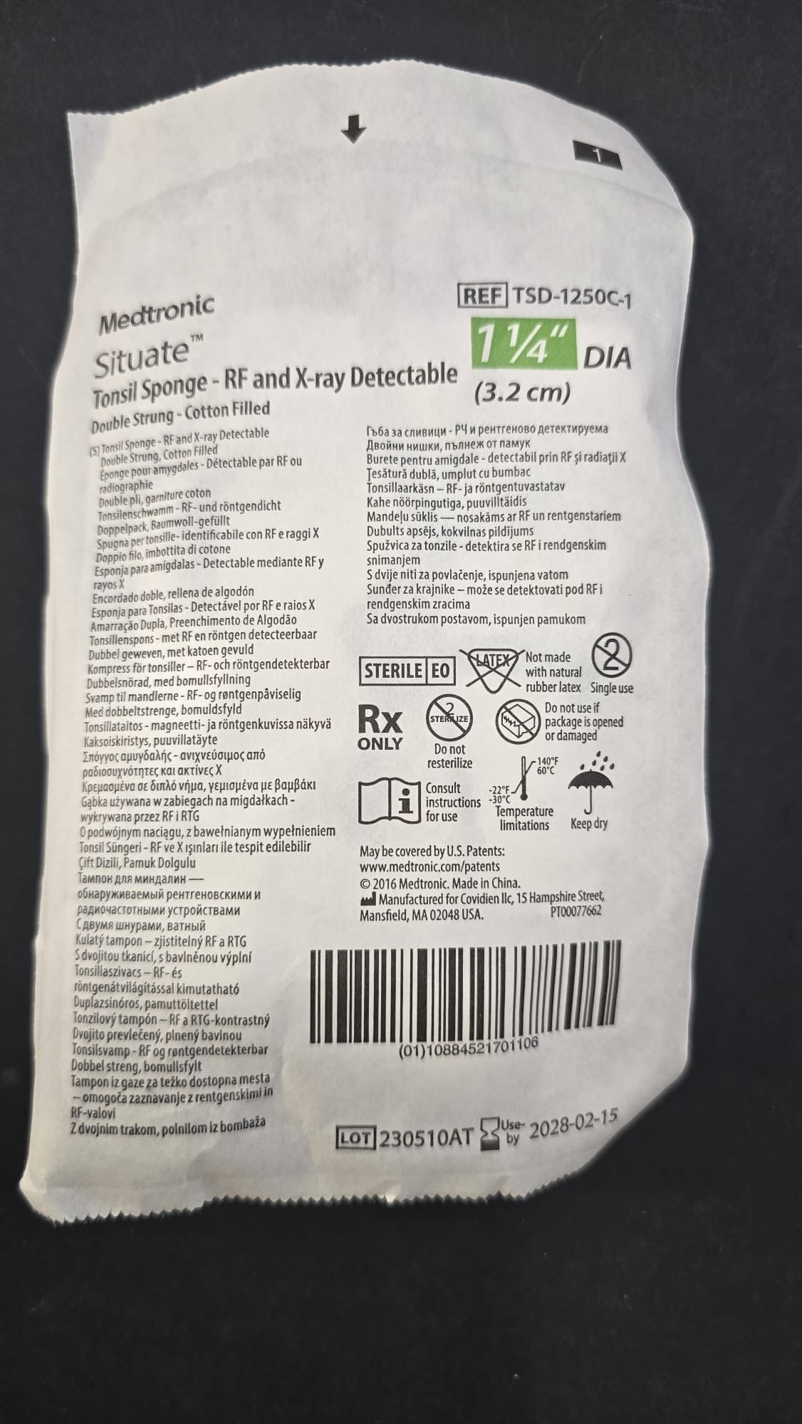 Medtronic Tonsil Sponge 1 1/4 REF: TSD-1250C-1 Dated: 2028