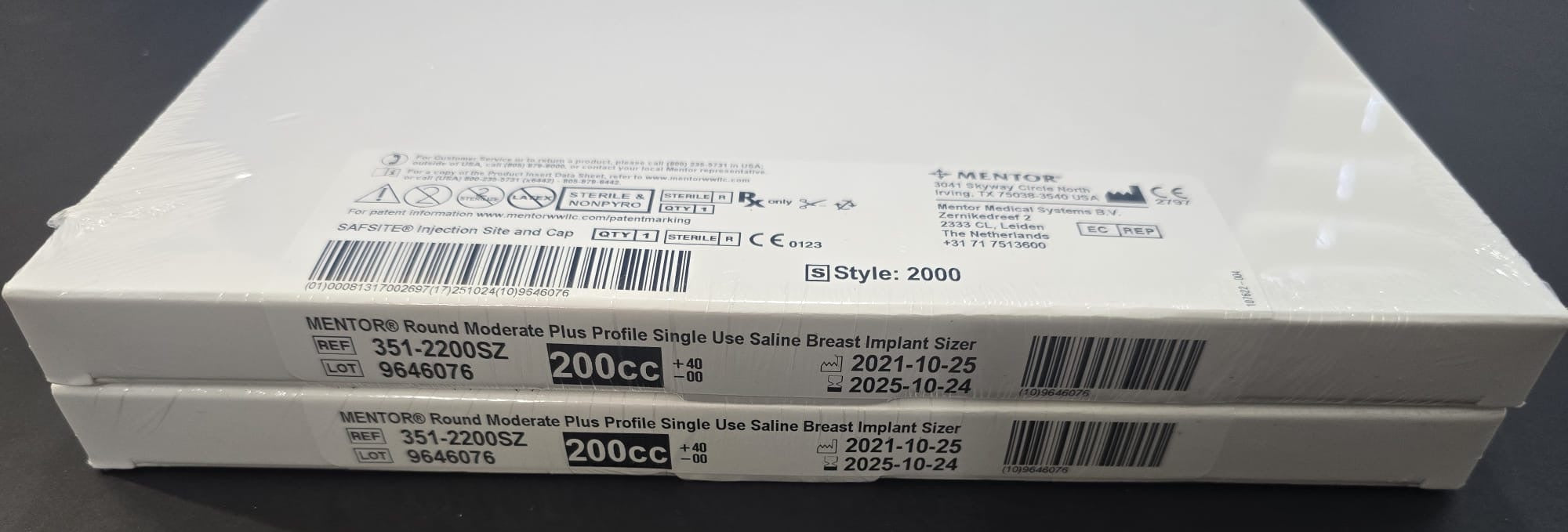 Mentor Round Moderate Plus Profile Single Use Saline Breast Implant Sizer Style 2000, 200cc (+40,-00) REF: 351-2200SZ